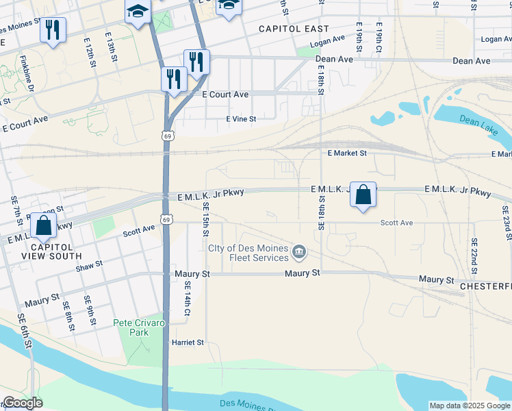 map of restaurants, bars, coffee shops, grocery stores, and more near 1551 East Martin Luther King Junior Parkway in Des Moines