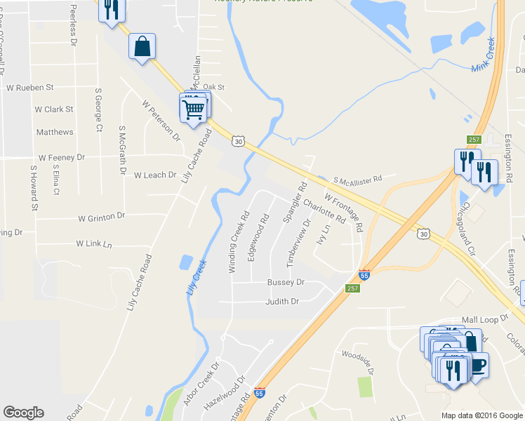 map of restaurants, bars, coffee shops, grocery stores, and more near 16432 Edgewood Road in Plainfield