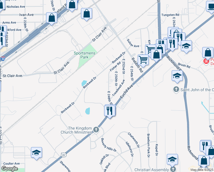 map of restaurants, bars, coffee shops, grocery stores, and more near 1507 East 248th Street in Euclid