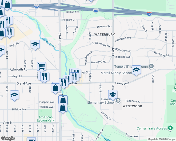 map of restaurants, bars, coffee shops, grocery stores, and more near 6005 Walnut Hill Avenue in Des Moines
