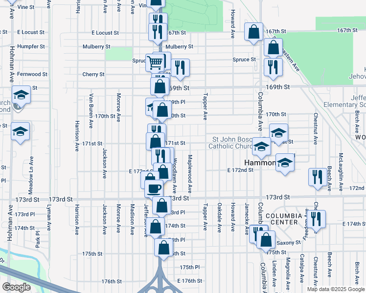 map of restaurants, bars, coffee shops, grocery stores, and more near 844 171st Street in Hammond