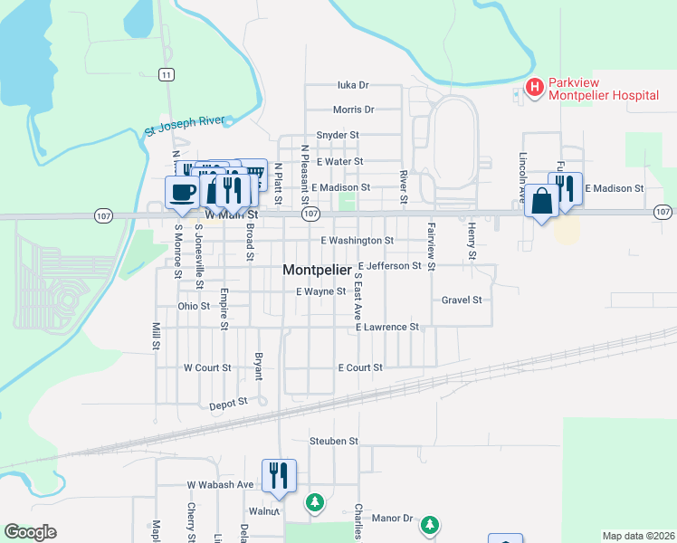 map of restaurants, bars, coffee shops, grocery stores, and more near 302 E Jefferson St in Montpelier