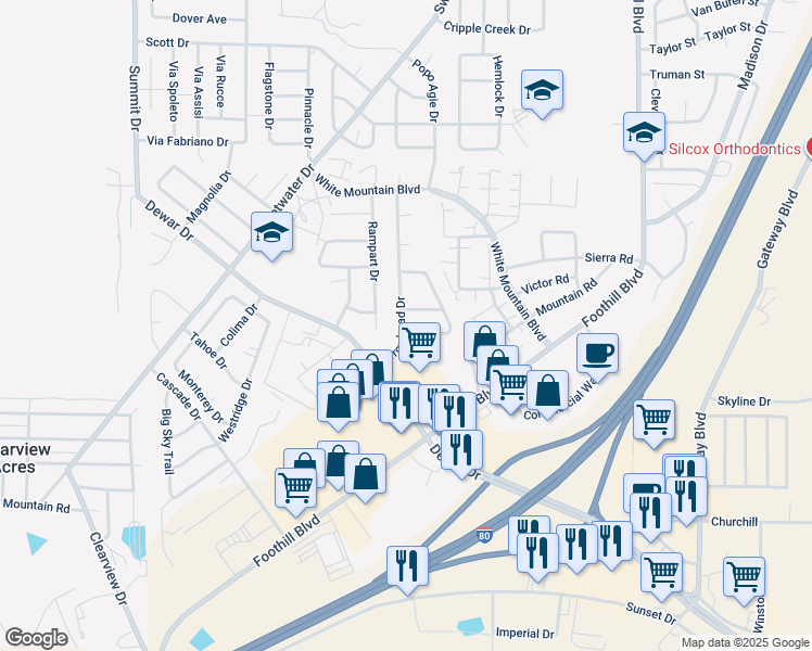 map of restaurants, bars, coffee shops, grocery stores, and more near 2621 Conch Street in Rock Springs