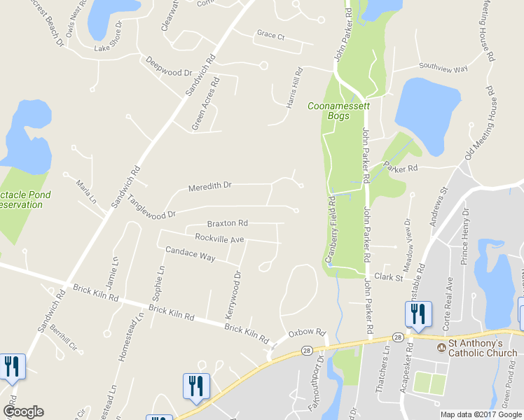 map of restaurants, bars, coffee shops, grocery stores, and more near 125 Tanglewood Drive in Falmouth