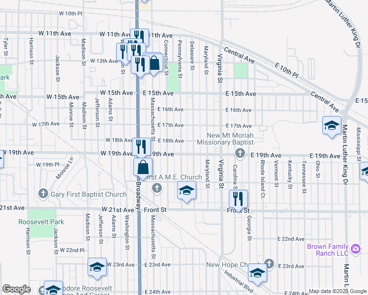 map of restaurants, bars, coffee shops, grocery stores, and more near 1817 Pennsylvania Street in Gary