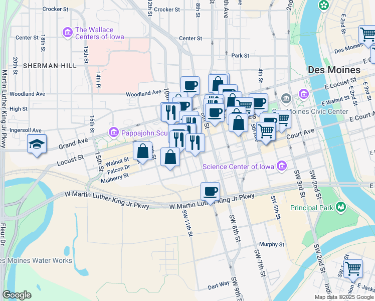 map of restaurants, bars, coffee shops, grocery stores, and more near in Des Moines