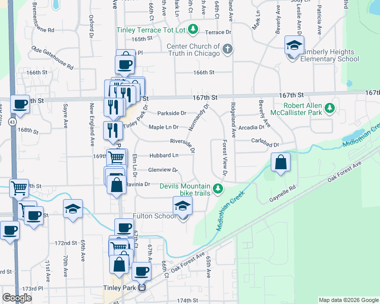 map of restaurants, bars, coffee shops, grocery stores, and more near 16846 Riverside Drive in Tinley Park