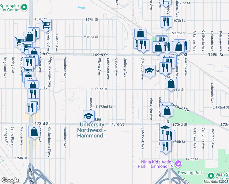 map of restaurants, bars, coffee shops, grocery stores, and more near 7108 Osborn Avenue in Hammond