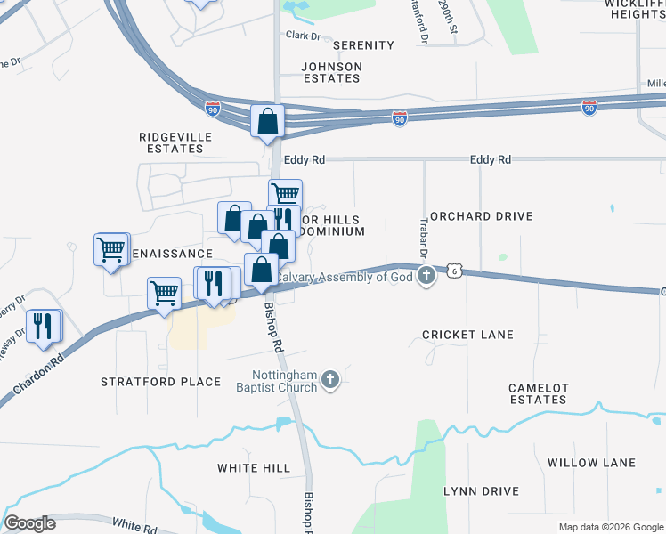 map of restaurants, bars, coffee shops, grocery stores, and more near 28755 Chardon Road in Willoughby Hills