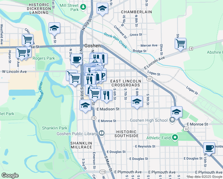 map of restaurants, bars, coffee shops, grocery stores, and more near 211 South 6th Street in Goshen