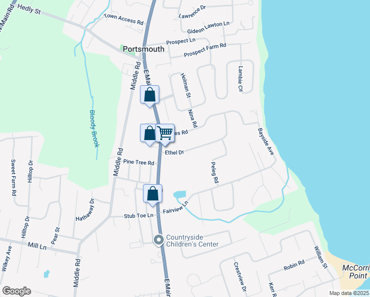 map of restaurants, bars, coffee shops, grocery stores, and more near 56 Ethel Drive in Portsmouth
