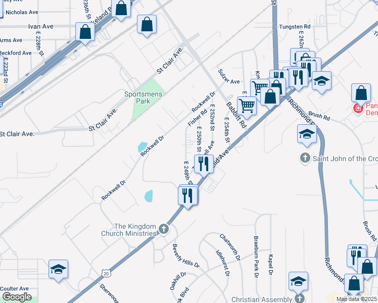 map of restaurants, bars, coffee shops, grocery stores, and more near 1507 East 248th Street in Euclid