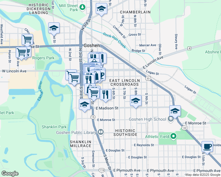 map of restaurants, bars, coffee shops, grocery stores, and more near 211 South 6th Street in Goshen