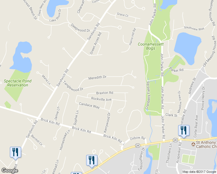 map of restaurants, bars, coffee shops, grocery stores, and more near 103 Tanglewood Drive in Falmouth