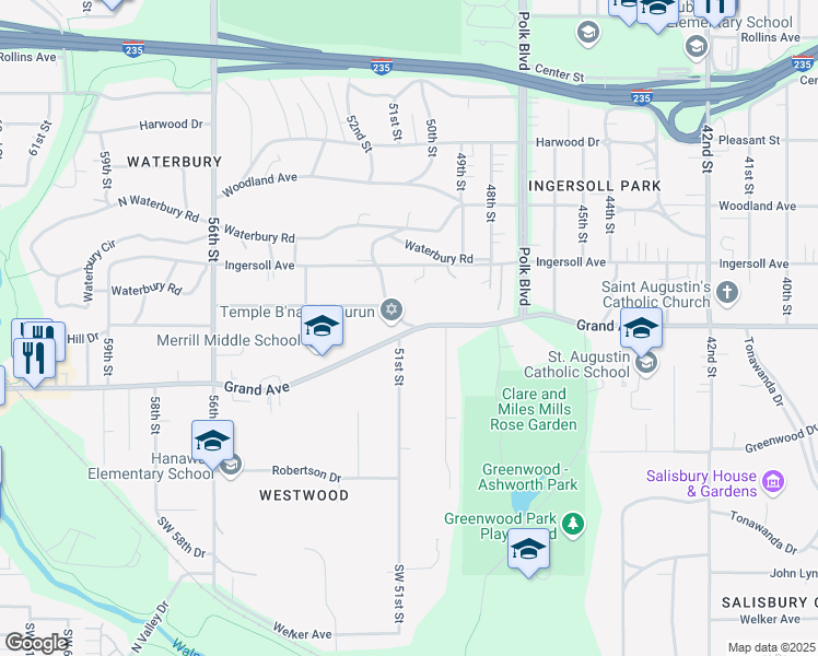 map of restaurants, bars, coffee shops, grocery stores, and more near 5101 Grand Avenue in Des Moines