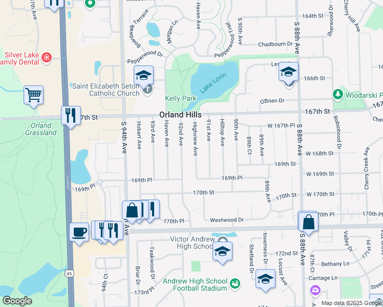 map of restaurants, bars, coffee shops, grocery stores, and more near 16806 Highview Ave in Orland Hills