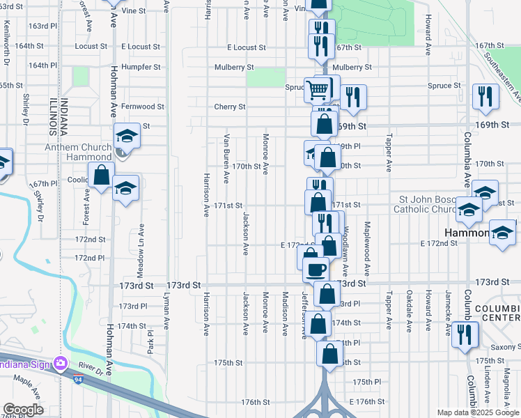 map of restaurants, bars, coffee shops, grocery stores, and more near 7106 Monroe Avenue in Hammond