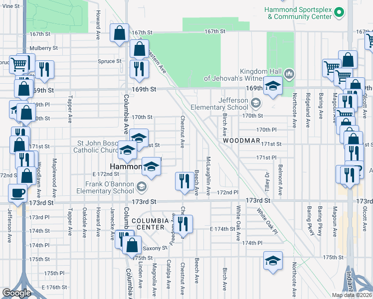 map of restaurants, bars, coffee shops, grocery stores, and more near 7107 Chestnut Avenue in Hammond
