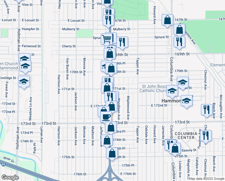 map of restaurants, bars, coffee shops, grocery stores, and more near 7103 Calumet Avenue in Hammond