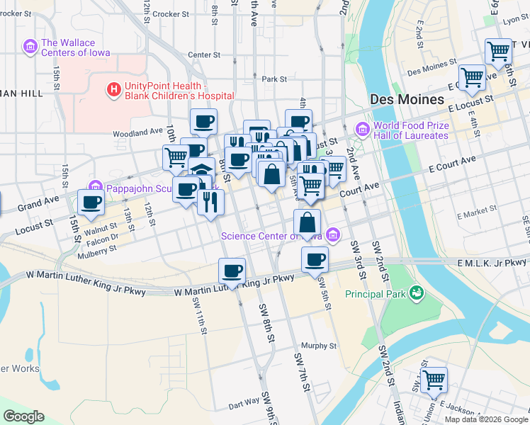 map of restaurants, bars, coffee shops, grocery stores, and more near 698 Mulberry Street in Des Moines