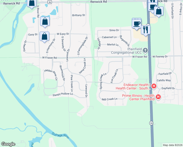 map of restaurants, bars, coffee shops, grocery stores, and more near 24403 Spruce Creek Court in Plainfield