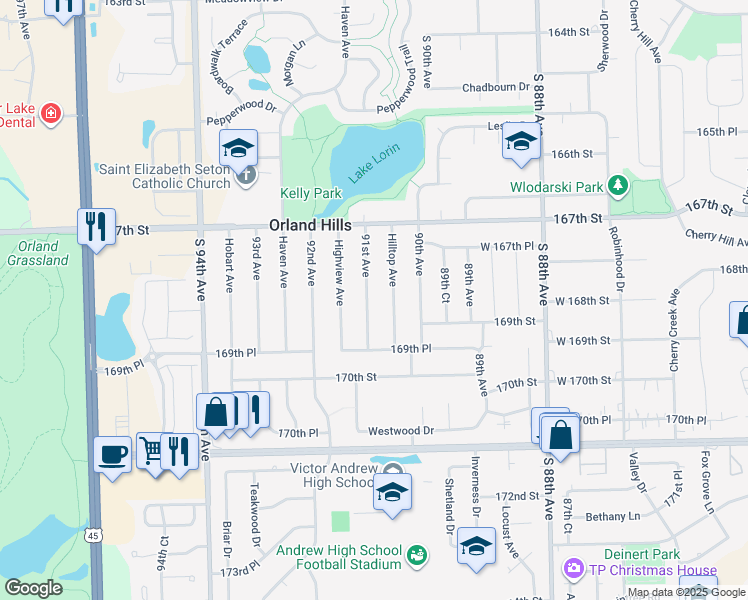 map of restaurants, bars, coffee shops, grocery stores, and more near 16801 91st Avenue in Orland Hills