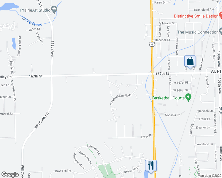 map of restaurants, bars, coffee shops, grocery stores, and more near 16800 Rainbow Circle in Orland Park
