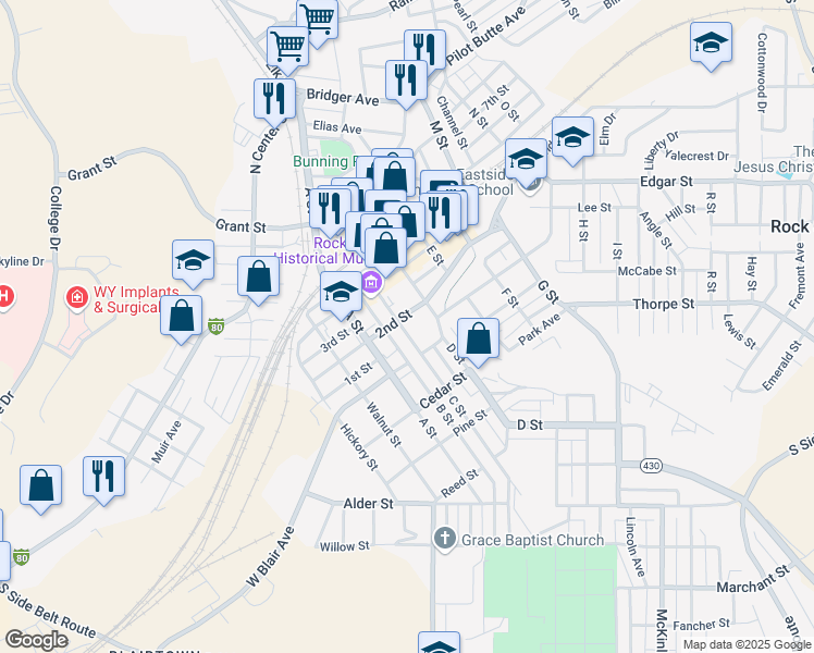 map of restaurants, bars, coffee shops, grocery stores, and more near 307 C Street in Rock Springs
