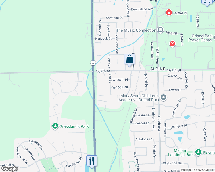 map of restaurants, bars, coffee shops, grocery stores, and more near 16738 Lee Street in Orland Park