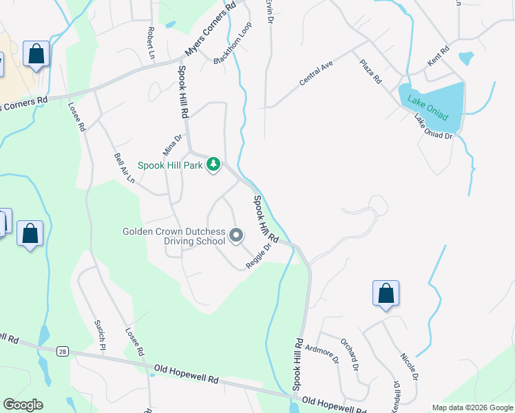 map of restaurants, bars, coffee shops, grocery stores, and more near 58 Spook Hill Road in Wappingers Falls