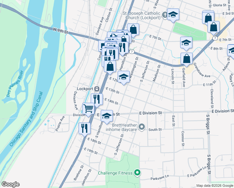 map of restaurants, bars, coffee shops, grocery stores, and more near 213 East 13th Street in Lockport
