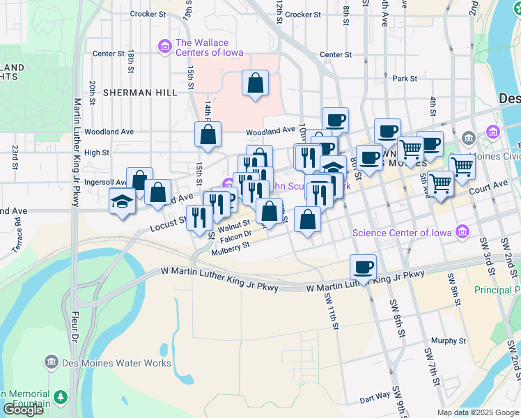 map of restaurants, bars, coffee shops, grocery stores, and more near 309 13th Street in Des Moines