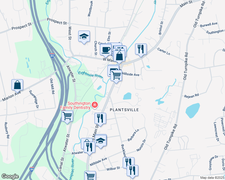 map of restaurants, bars, coffee shops, grocery stores, and more near 876 Main Street in Meriden