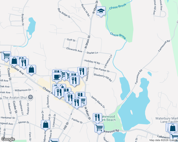 map of restaurants, bars, coffee shops, grocery stores, and more near 46 Catalina Drive in Waterbury