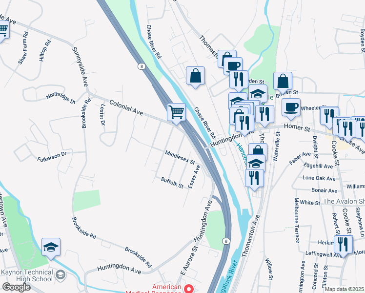 map of restaurants, bars, coffee shops, grocery stores, and more near 176 Monmouth Avenue in Waterbury