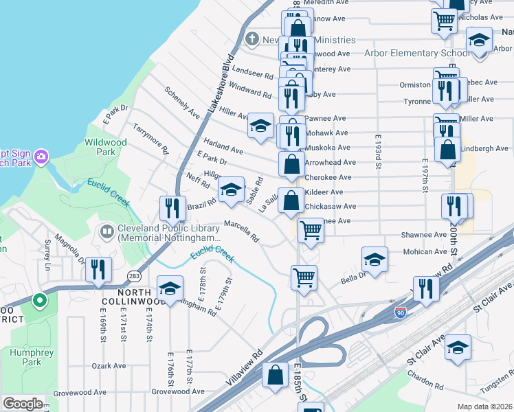 map of restaurants, bars, coffee shops, grocery stores, and more near 18211 La Salle Road in Cleveland
