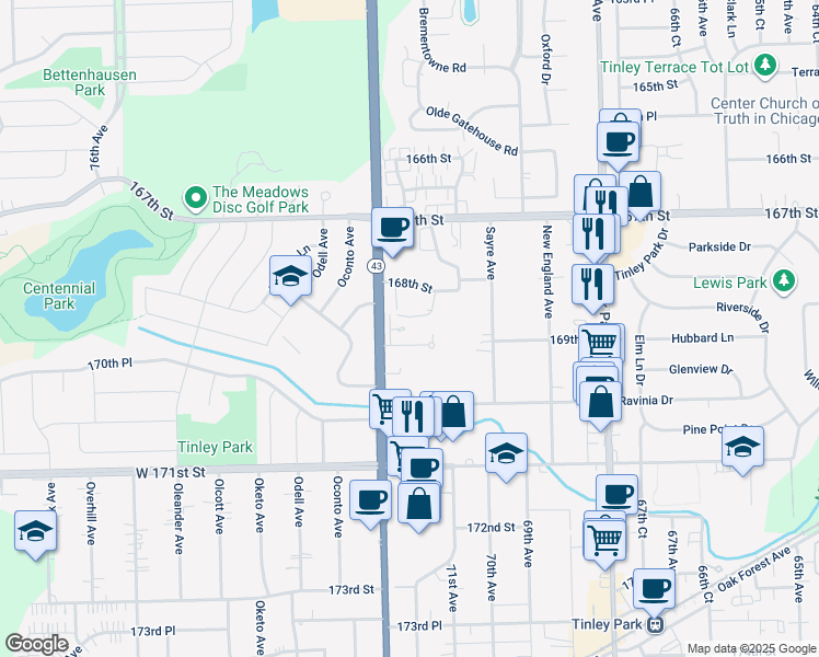 map of restaurants, bars, coffee shops, grocery stores, and more near 16851 South Harlem Avenue in Tinley Park