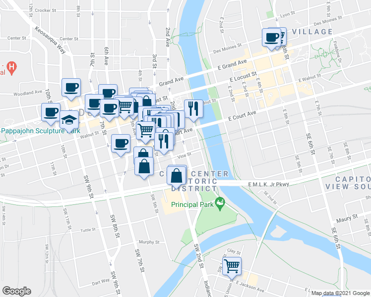 map of restaurants, bars, coffee shops, grocery stores, and more near 100 East 2nd Street in Des Moines