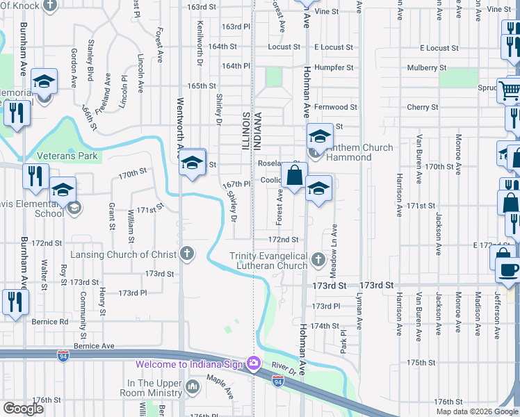 map of restaurants, bars, coffee shops, grocery stores, and more near 7107 State Line Avenue in Hammond