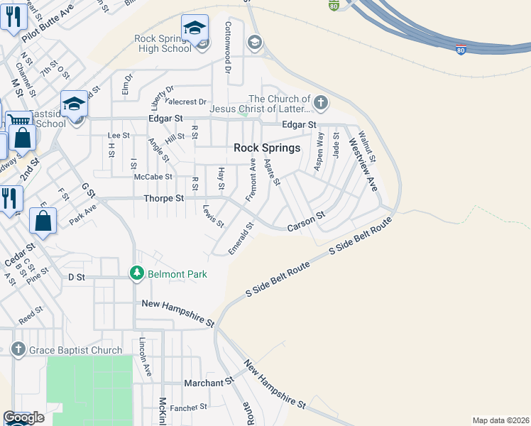 map of restaurants, bars, coffee shops, grocery stores, and more near 421 Emerald St in Rock Springs