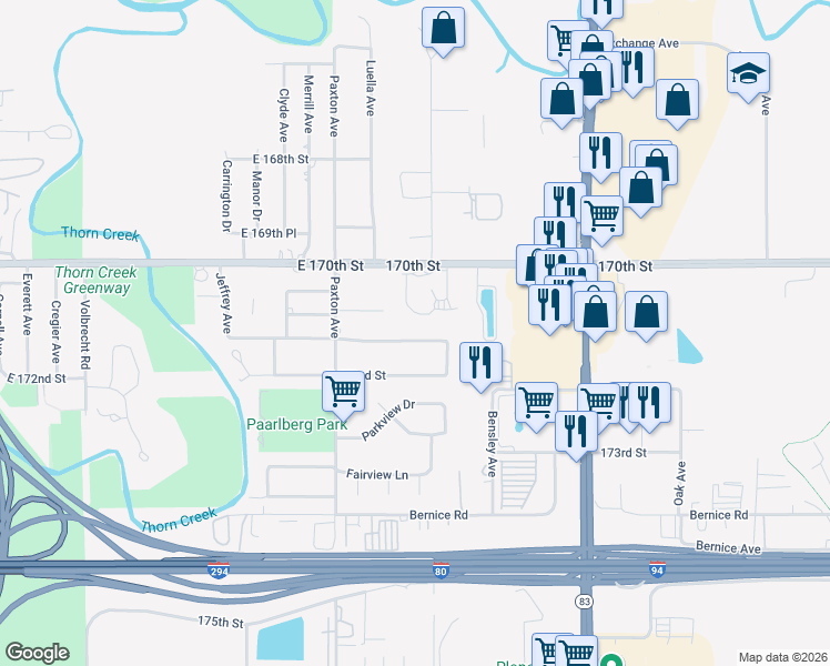 map of restaurants, bars, coffee shops, grocery stores, and more near 2118 East 171st Place in South Holland