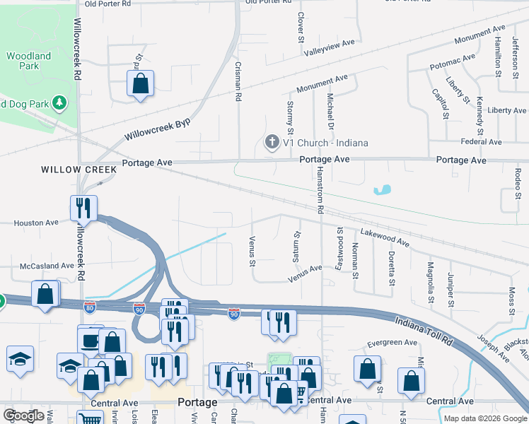 map of restaurants, bars, coffee shops, grocery stores, and more near 2317-2377 Venus St in Portage