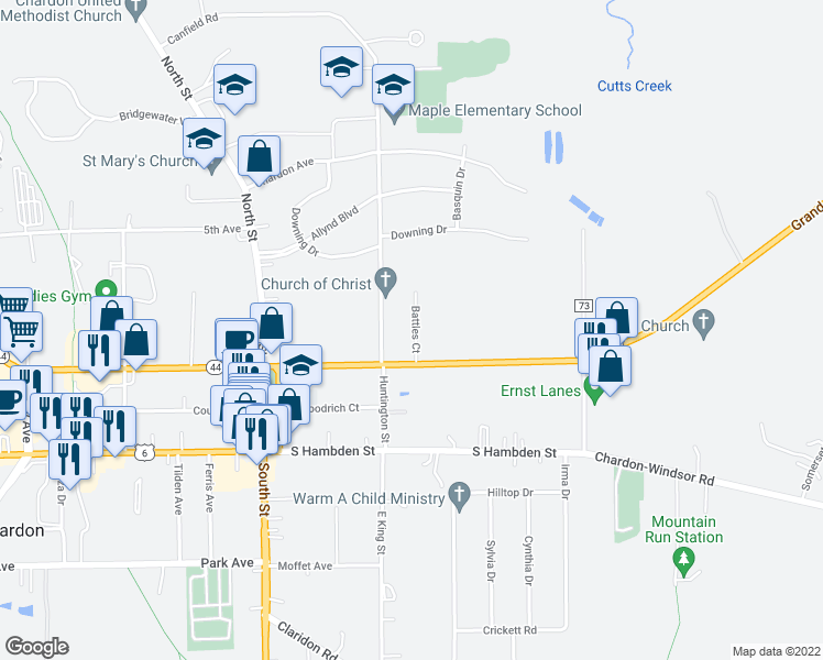 map of restaurants, bars, coffee shops, grocery stores, and more near 7 Battles Court in Chardon