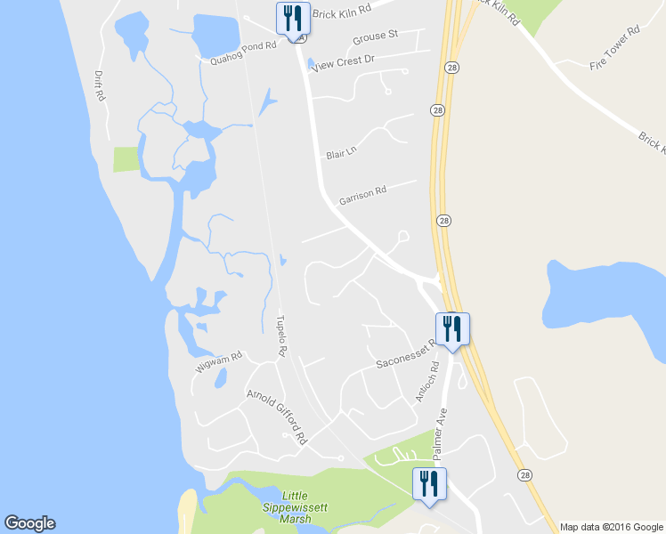 map of restaurants, bars, coffee shops, grocery stores, and more near 17 Old Homestead Road in Falmouth