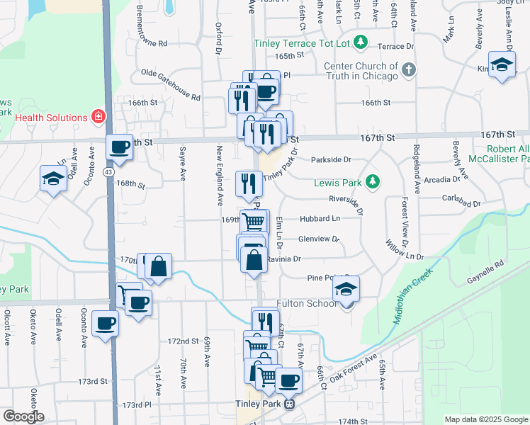 map of restaurants, bars, coffee shops, grocery stores, and more near 16851 Oak Park Avenue in Tinley Park