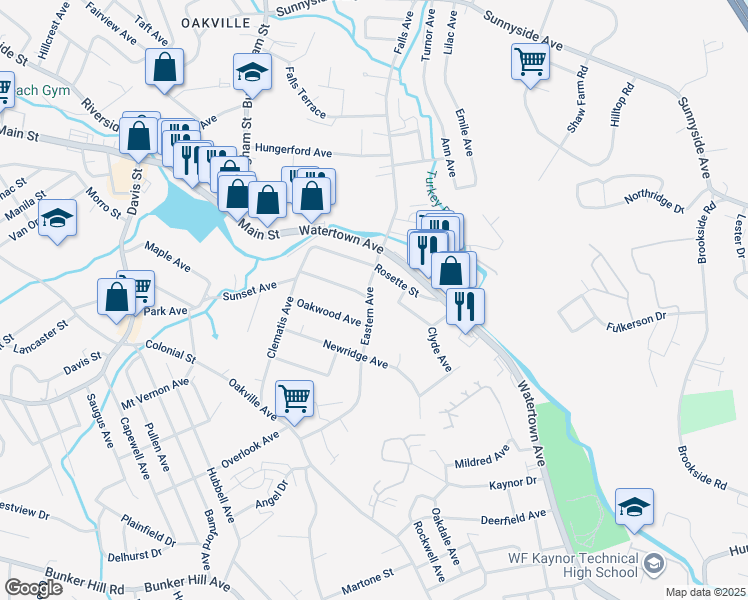 map of restaurants, bars, coffee shops, grocery stores, and more near 274 Eastern Avenue in Waterbury