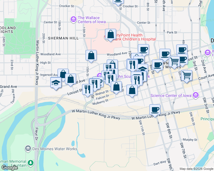 map of restaurants, bars, coffee shops, grocery stores, and more near 1312 Locust Street in Des Moines