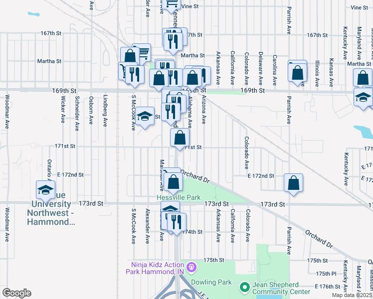 map of restaurants, bars, coffee shops, grocery stores, and more near 7102 Alabama Avenue in Hammond