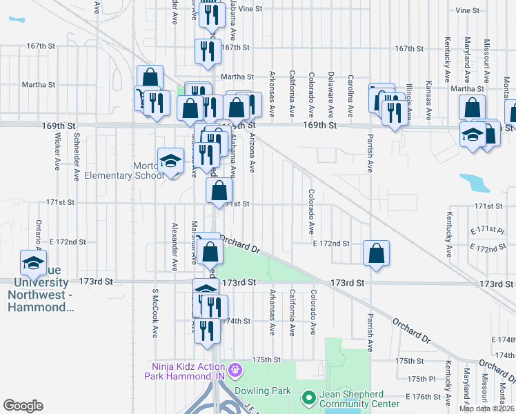 map of restaurants, bars, coffee shops, grocery stores, and more near 7105 Arizona Ave in Hammond