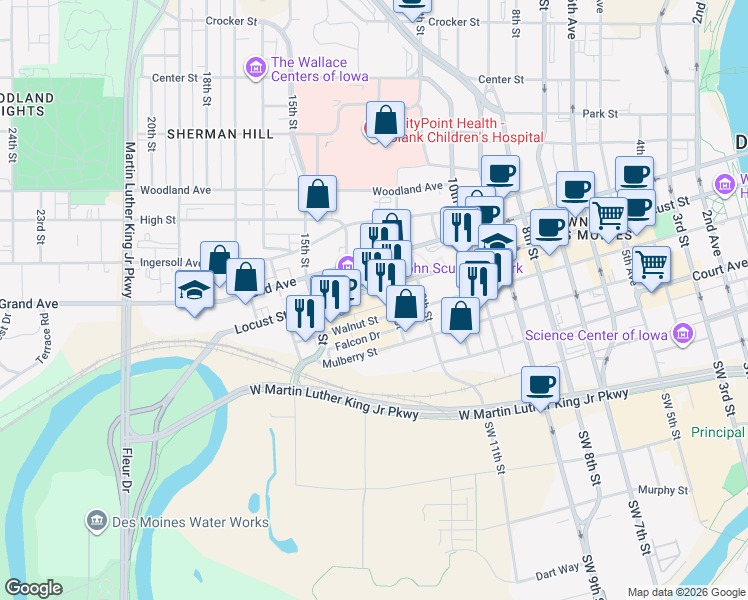 map of restaurants, bars, coffee shops, grocery stores, and more near 1312 Locust Street in Des Moines